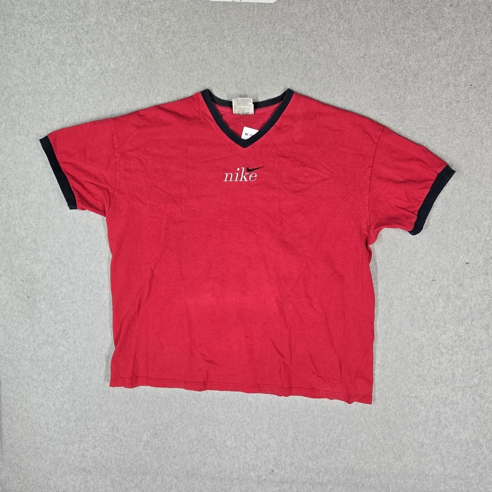 VINTAGE Nike Men Shirt XL Red Made in USA Ringer Swoosh Logo Embroidered READ